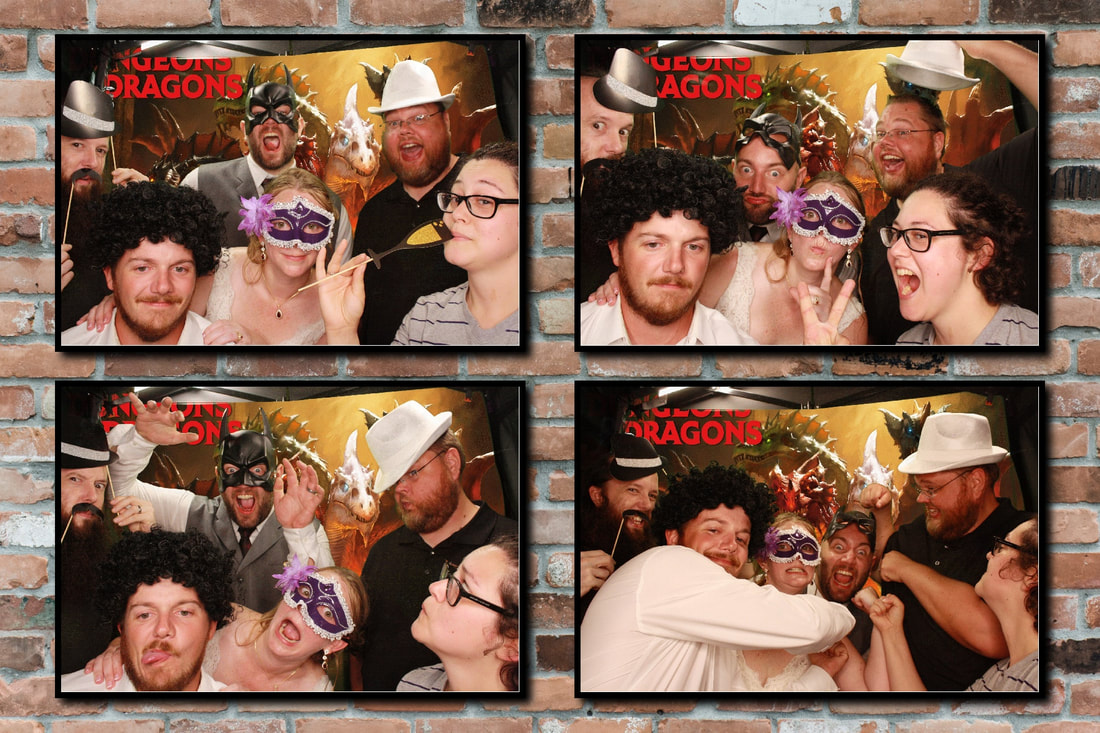 Friends goofing off in photo booth in front of D&D background
