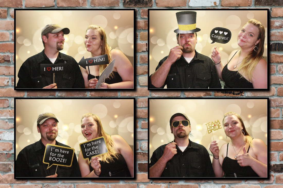 Wedding guests photo booth pictures in front of bokeh background