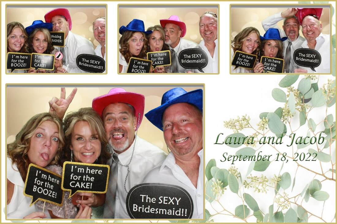 wedding guests photo booth pictures in front of hearts background